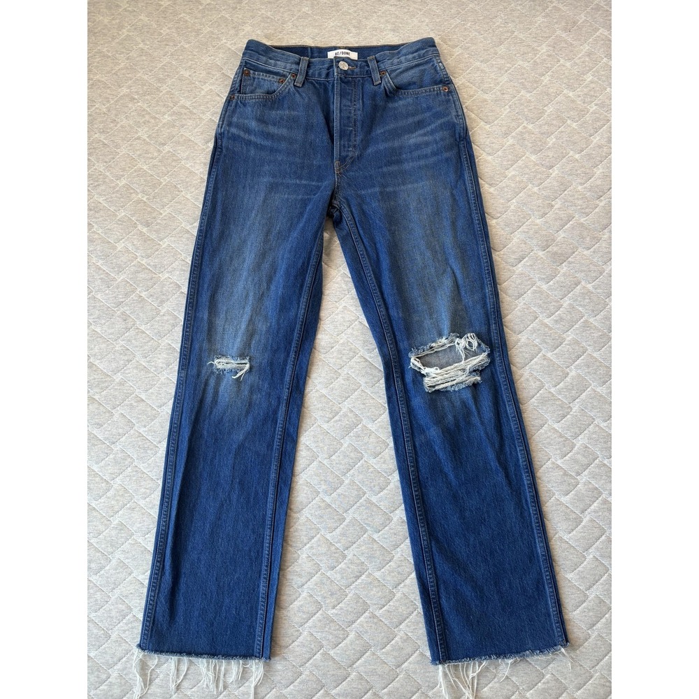 RE/DONE Jeans Womens 27 Blue Destroyed Broken Blue Button Fly Straight Raw Hem